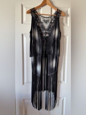Black Gray Acid Wash Long Fringe Vest